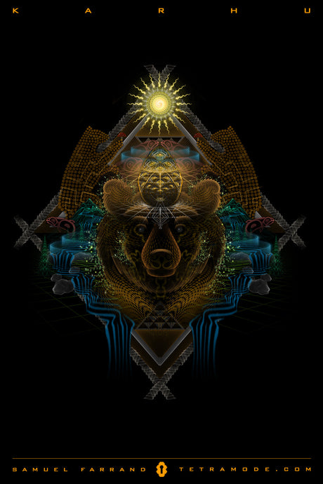 Karhu artwork by Samuel Farrand featuring a symmetrical bear face, sacred geometry, shamanic symbols, and radiant light in a visionary neon style