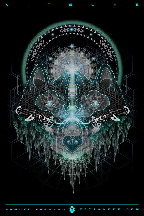 Kitsune artwork by Samuel Farrand showing twin fox heads in mirrored symmetry surrounded by sacred geometry and crystalline structures in visionary style