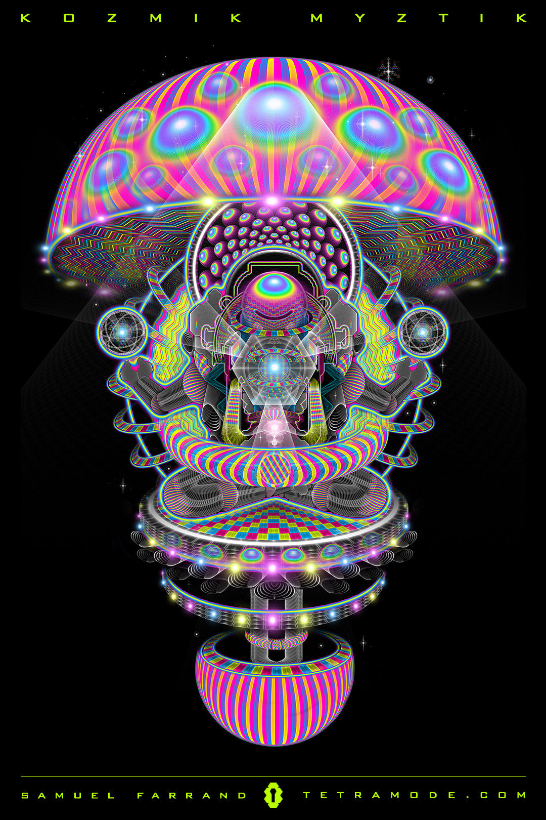 Kozmik Myztik artwork by Samuel Farrand featuring a glowing rainbow mushroom with intricate fractal patterns, sacred geometry, and cosmic details on a black background