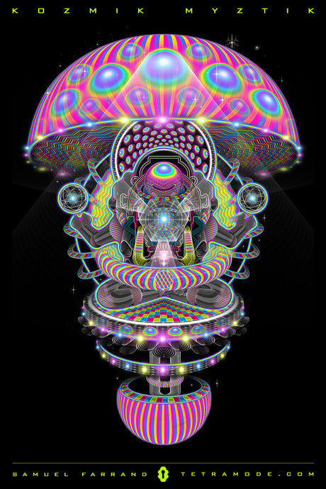 Kozmik Myztik artwork by Samuel Farrand featuring a glowing rainbow mushroom with intricate fractal patterns, sacred geometry, and cosmic details on a black background