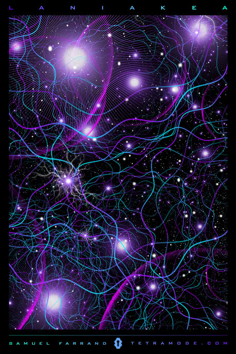 Laniakea cosmic visionary artwork featuring galactic starfields, luminous filaments, and psychedelic space design by Samuel Farrand