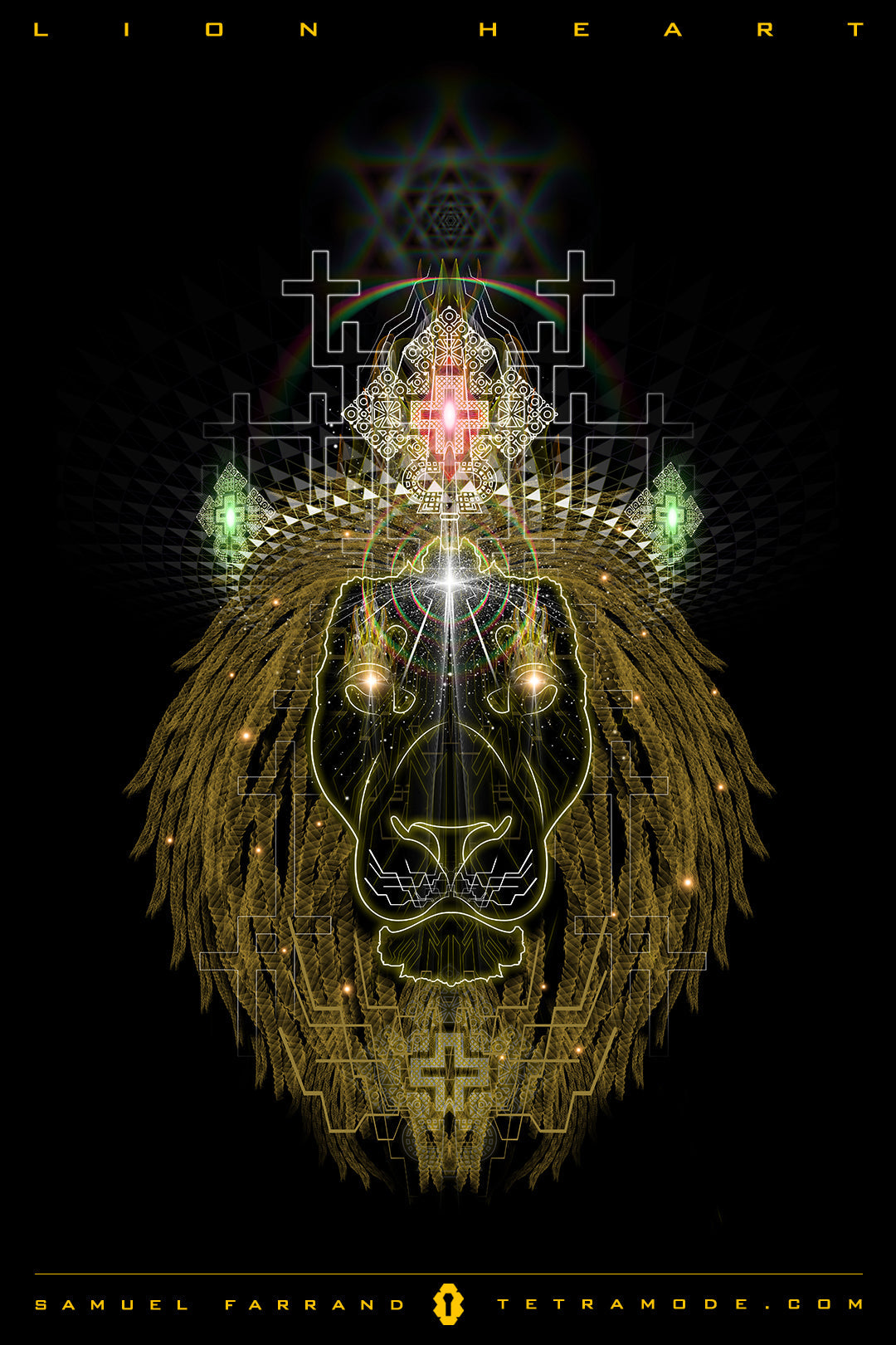 Lion Heart artwork by Samuel Farrand showing a golden lion's face merged with sacred geometry and glowing crosses in visionary style