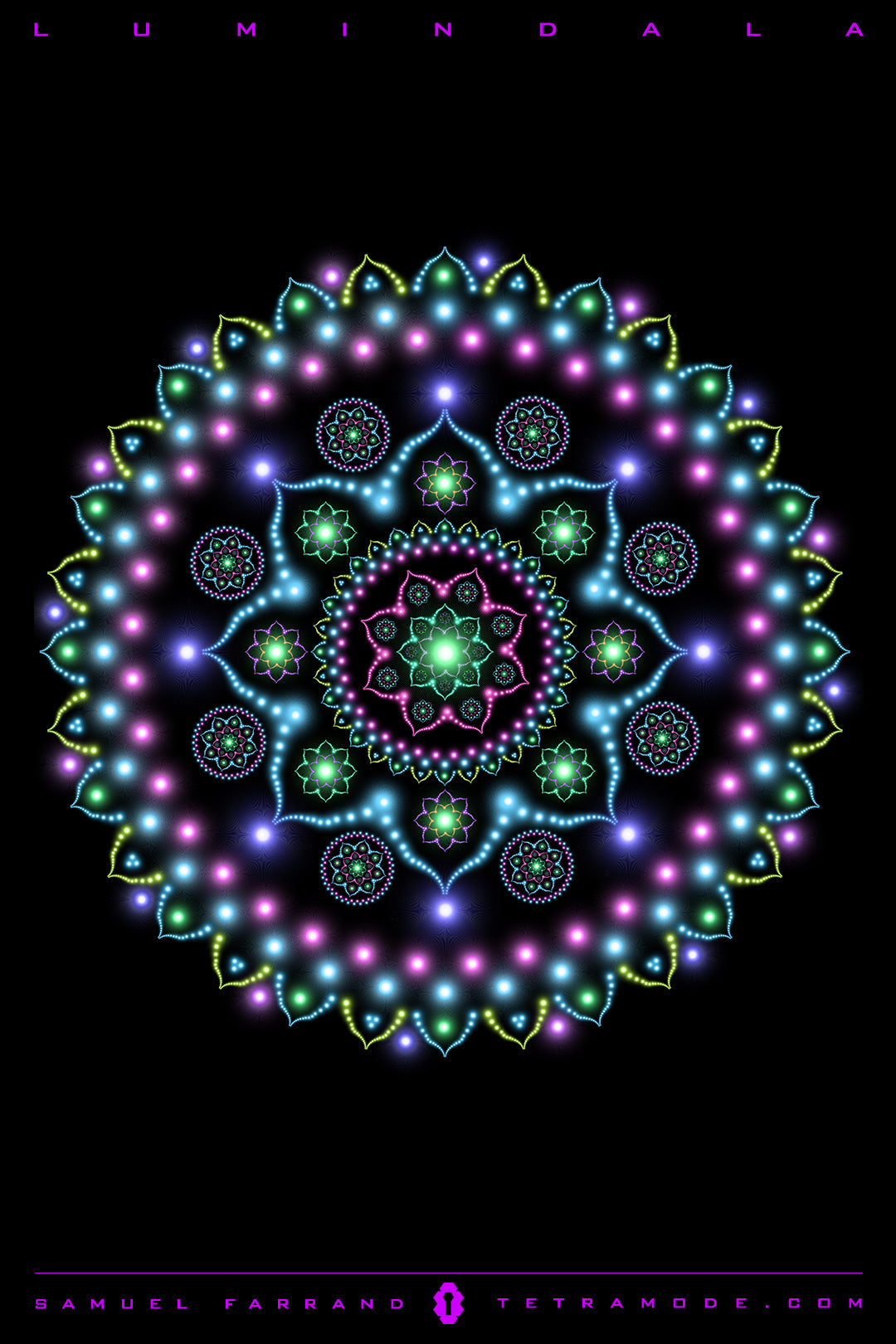Lumindala artwork by Samuel Farrand featuring a glowing neon mandala of concentric floral and geometric patterns in green, blue, purple, and pink on a black background