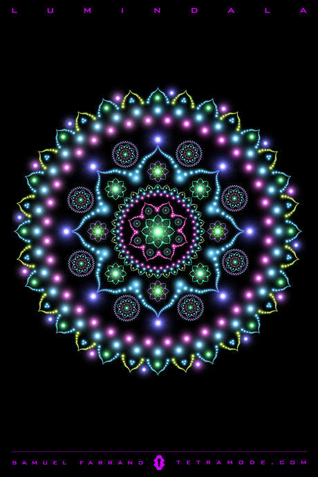 Lumindala artwork by Samuel Farrand featuring a glowing neon mandala of concentric floral and geometric patterns in green, blue, purple, and pink on a black background