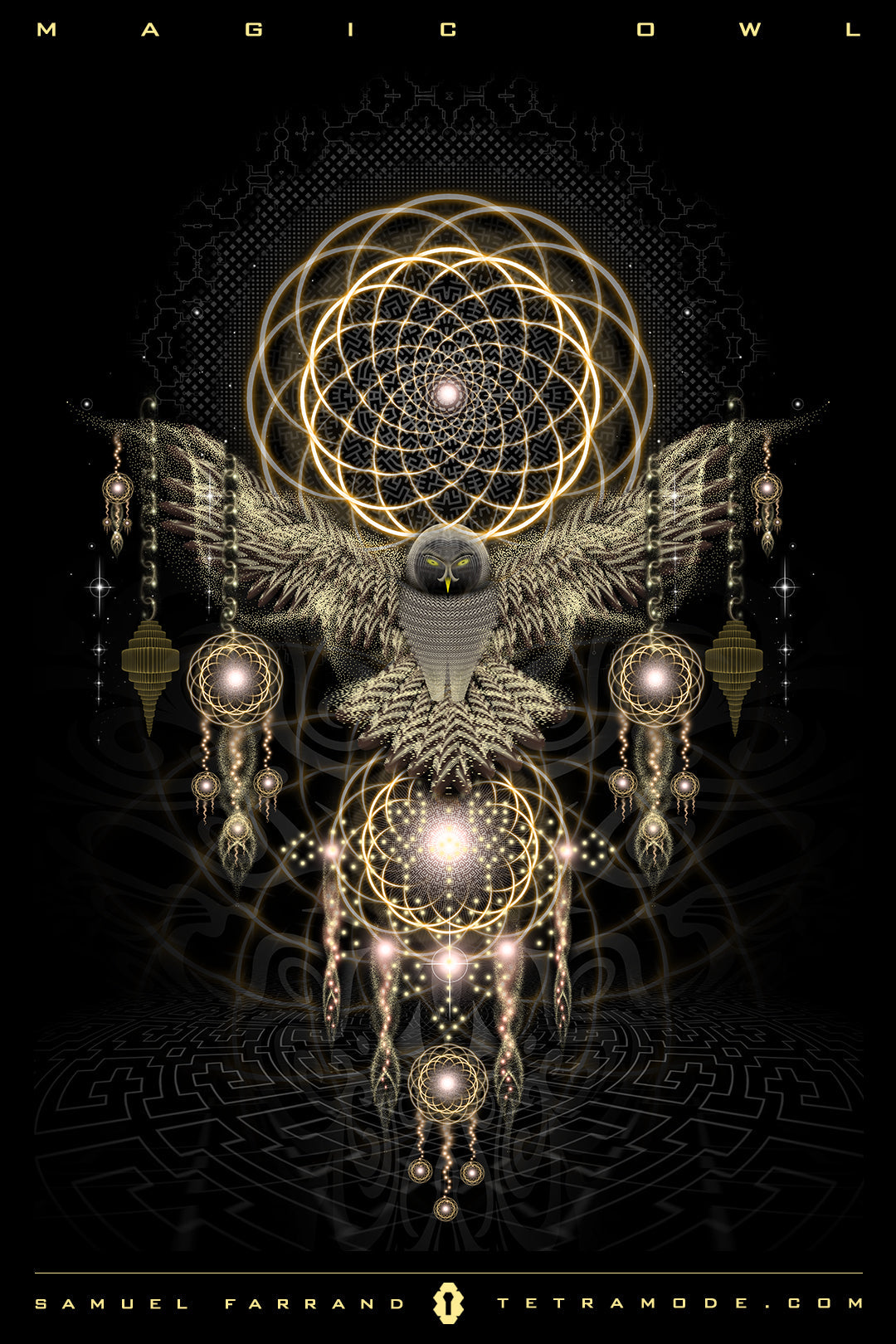 Magic Owl artwork by Samuel Farrand showing golden owl with outstretched wings, layered sacred geometry, dreamcatcher halos, and glowing orbs
