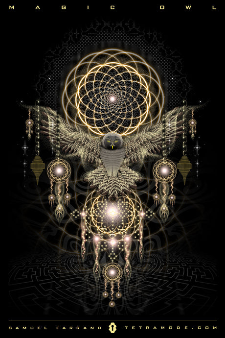 Magic Owl artwork by Samuel Farrand showing golden owl with outstretched wings, layered sacred geometry, dreamcatcher halos, and glowing orbs