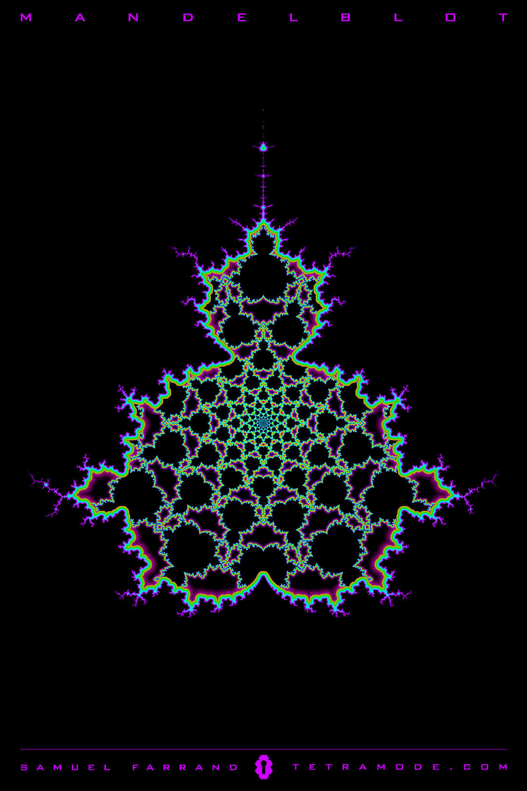 Mandelblot artwork by Samuel Farrand featuring a detailed Mandelbrot fractal form with neon purple, green, and cyan edges on a black background