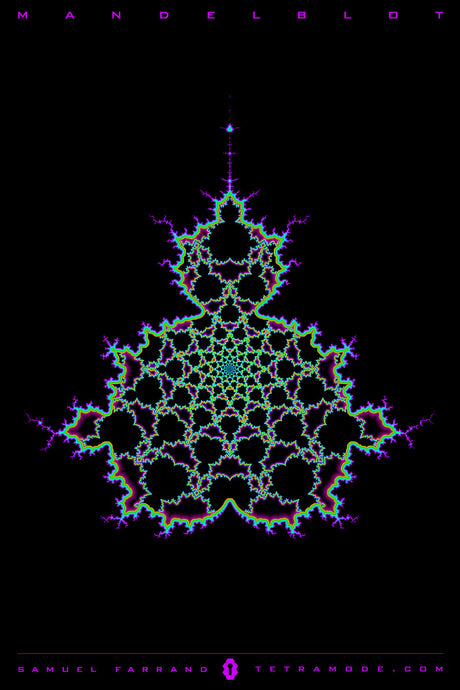 Mandelblot artwork by Samuel Farrand featuring a detailed Mandelbrot fractal form with neon purple, green, and cyan edges on a black background