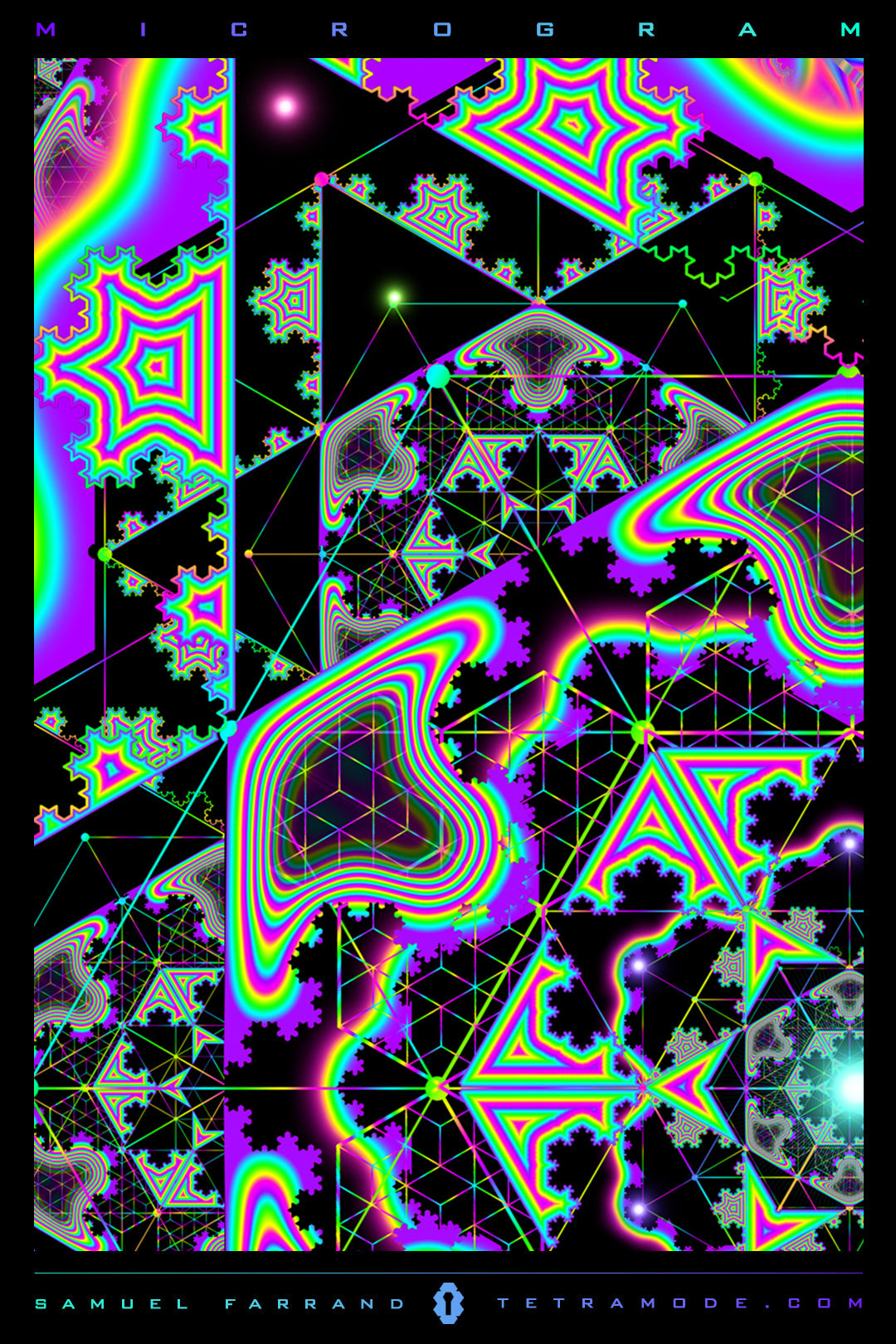 Microgram psychedelic fractal geometry artwork featuring neon color waves, geometric grids, and infinite mathematical patterns by Samuel Farrand