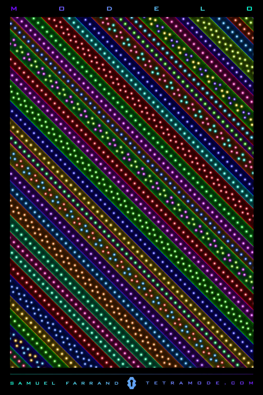 Modelo psychedelic geometric stripe artwork featuring diagonal rainbow lines with glowing star-like dots by Samuel Farrand
