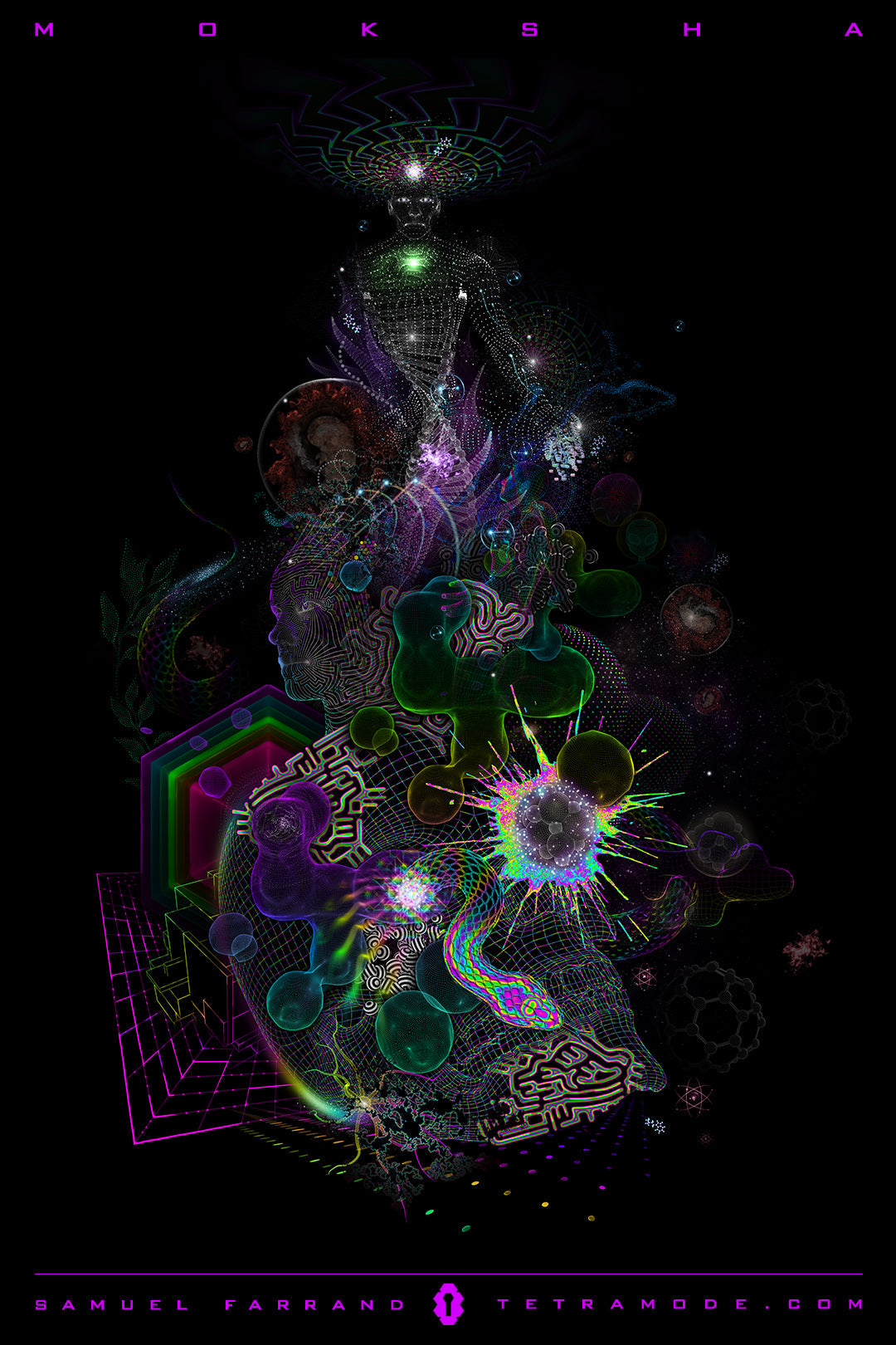 Moksha artwork by Samuel Farrand depicting a luminous human figure rising through cosmic patterns, sacred geometry, and vibrant organic forms