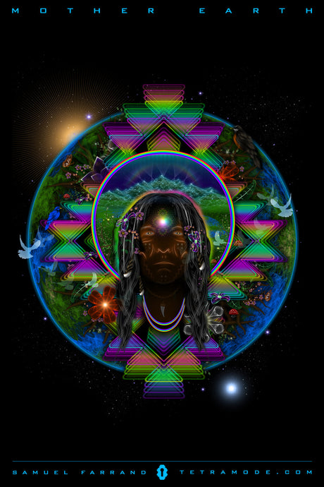 Mother Earth artwork by Samuel Farrand showing Earth with a central female guardian face, surrounded by rainbow geometry, animals, plants, and celestial light
