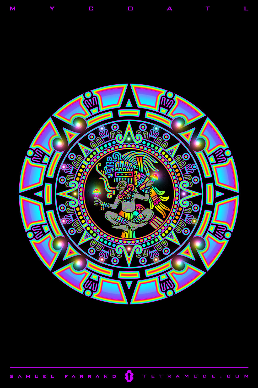 Mycoatl artwork by Samuel Farrand featuring a neon mandala of the Aztec god, with vibrant Mesoamerican patterns on a black background