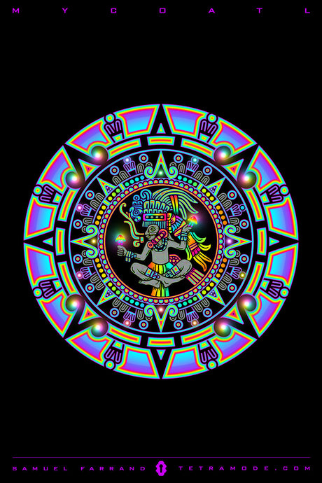 Mycoatl artwork by Samuel Farrand featuring a neon mandala of the Aztec god, with vibrant Mesoamerican patterns on a black background