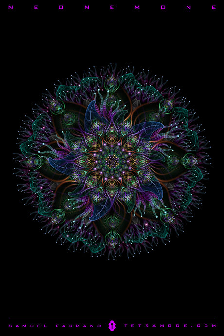Neonemone artwork by Samuel Farrand showing a glowing mandala of bioluminescent oceanic forms and sacred geometry in radiant neon colors