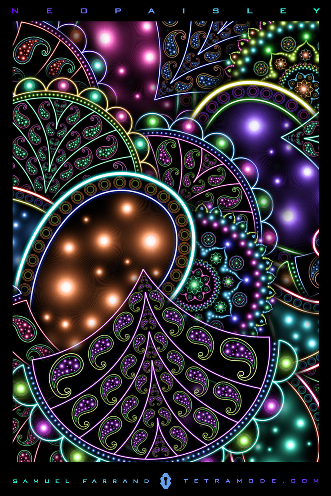 Neo Paisley psychedelic artwork featuring luminous neon paisley patterns with intricate ornamental design by Samuel Farrand