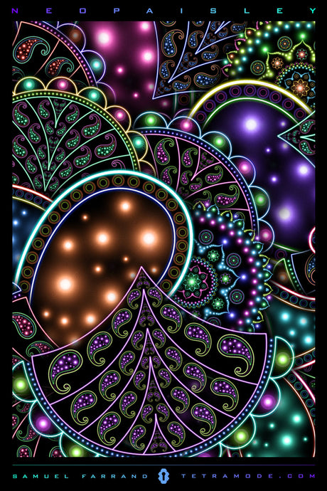 Neo Paisley psychedelic artwork featuring luminous neon paisley patterns with intricate ornamental design by Samuel Farrand