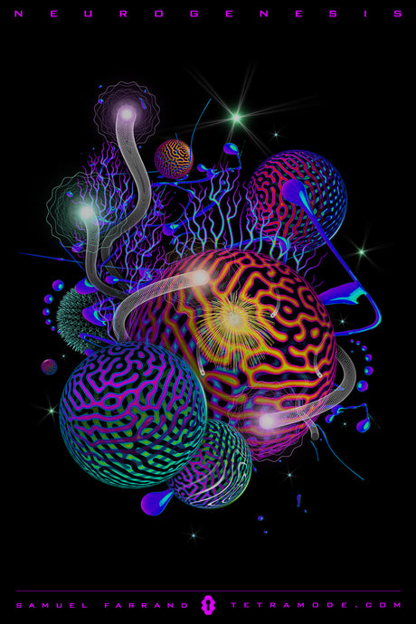 Neurogenesis artwork by Samuel Farrand showing glowing neural spheres, branching light tendrils, and cosmic geometric patterns in psychedelic neon style