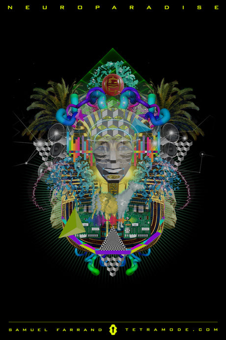 Neuro Paradise artwork by Samuel Farrand showing a surreal cybernetic face surrounded by tropical palms, geometric shapes, circuitry, and vivid color patterns