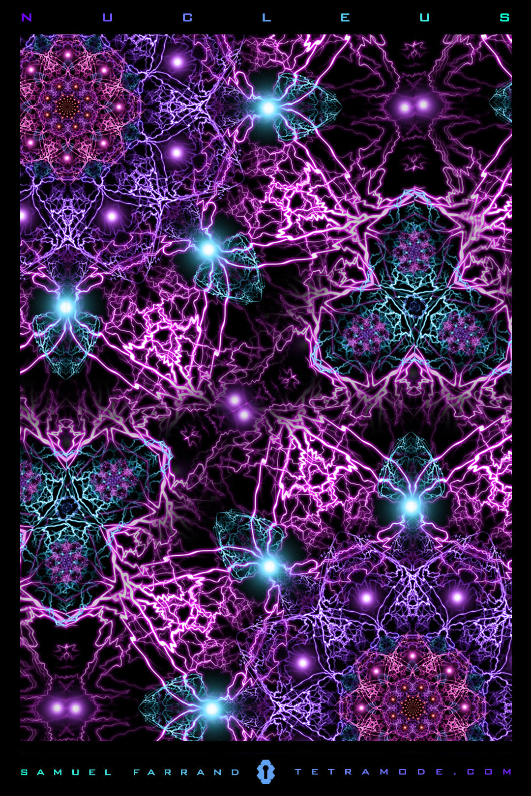 Nucleus psychedelic artwork with glowing neural networks and fractal mandala patterns in vibrant cosmic colors by Samuel Farrand