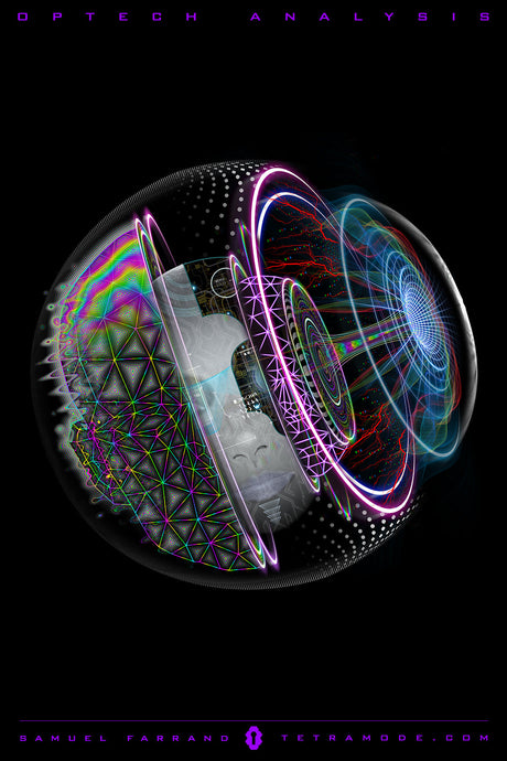 Optech Analysis artwork by Samuel Farrand showing holographic geometric grids, digital face profile, and neon energy streams in a futuristic sphere