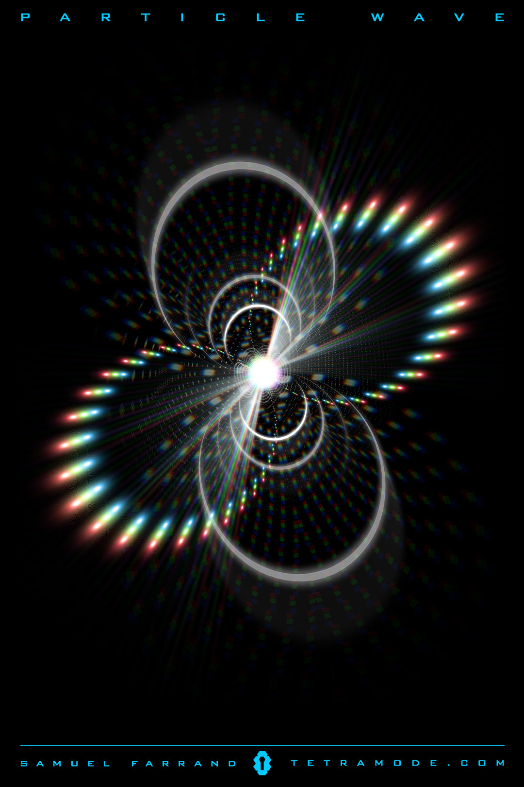 Particle Wave artwork by Samuel Farrand showing concentric energy arcs, rainbow light refractions, and quantum wave patterns radiating from a central point