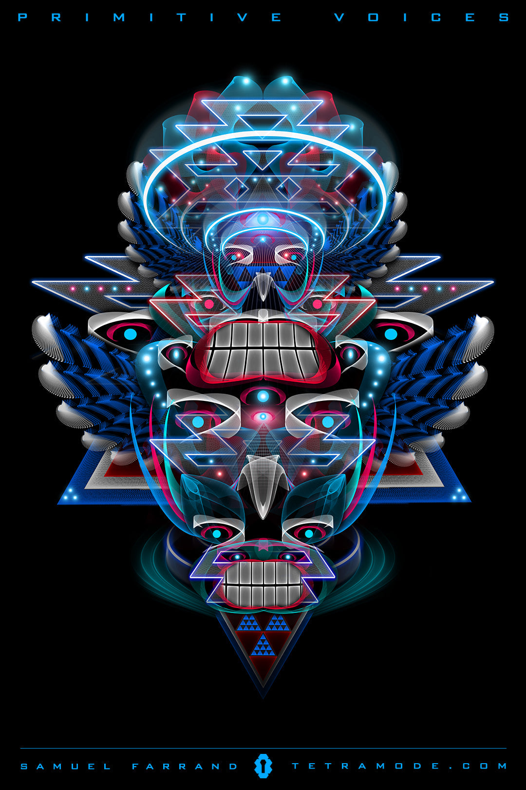 Primitive Voices artwork by Samuel Farrand featuring a neon tribal mask with geometric wings, glowing patterns, and totemic symmetry