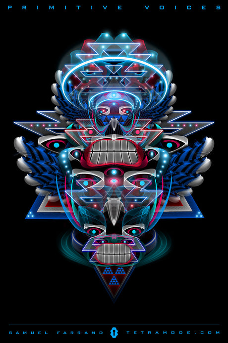 Primitive Voices artwork by Samuel Farrand featuring a neon tribal mask with geometric wings, glowing patterns, and totemic symmetry