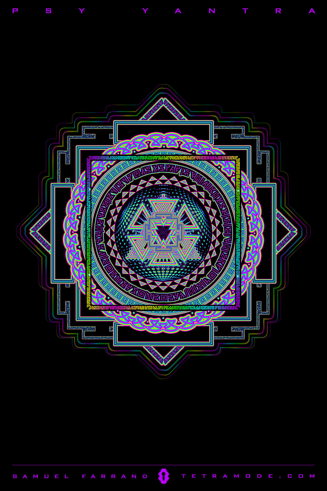 Psy Yantra artwork by Samuel Farrand showing neon-colored sacred geometry mandala with layered triangles, intricate borders, and luminous symmetry