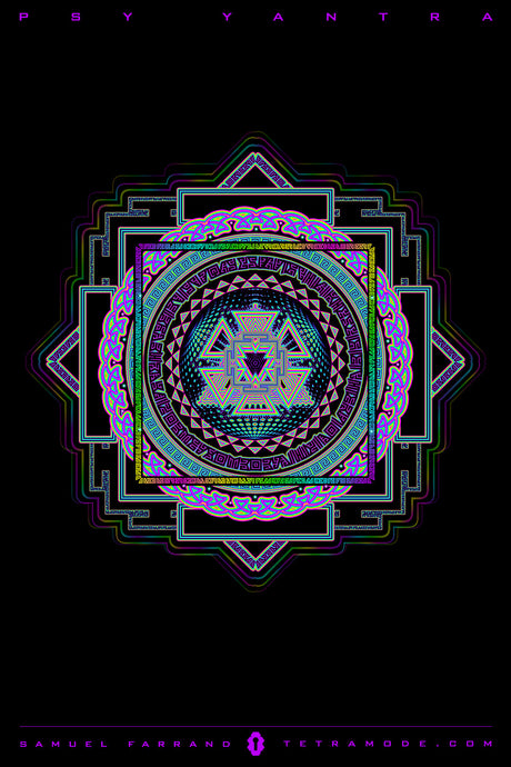 Psy Yantra artwork by Samuel Farrand showing neon-colored sacred geometry mandala with layered triangles, intricate borders, and luminous symmetry