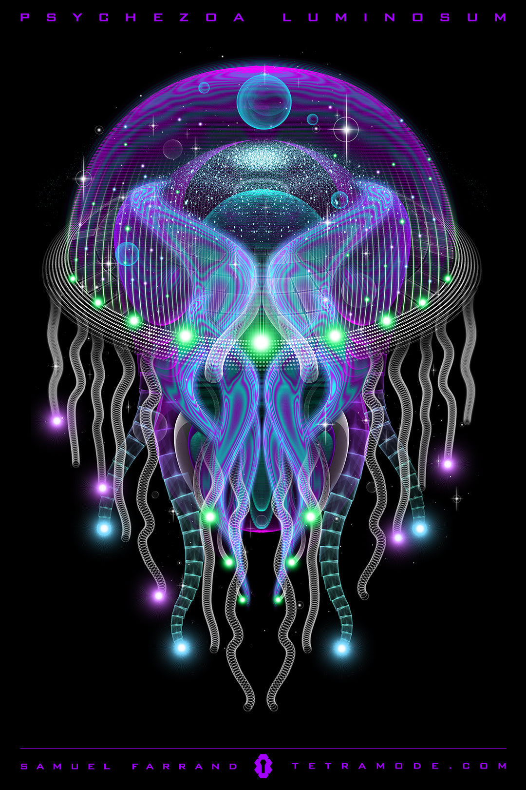 Psychezoa Luminosum artwork by Samuel Farrand showing cosmic jellyfish form with glowing tendrils, neon domed head, and radiant orbs in deep space