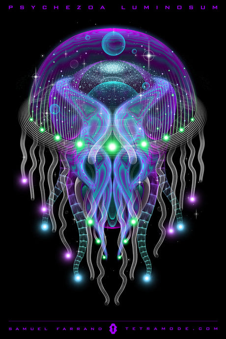 Psychezoa Luminosum artwork by Samuel Farrand showing cosmic jellyfish form with glowing tendrils, neon domed head, and radiant orbs in deep space