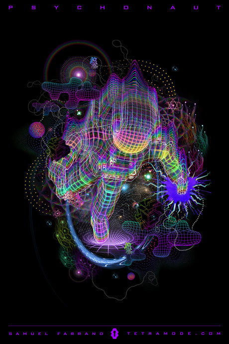 Psychonaut artwork by Samuel Farrand showing neon wireframe astronaut, cosmic background, fractal space textures, and multidimensional energy bursts