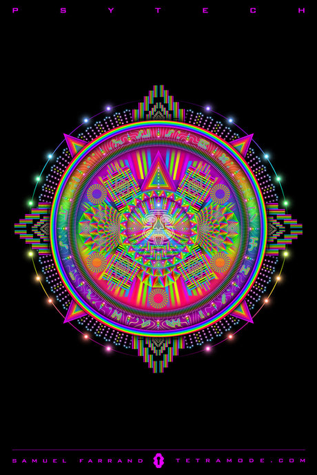 Psytech artwork by Samuel Farrand showing neon mandala with radiant geometric symmetry, digital circuitry patterns, and vivid psychedelic colors