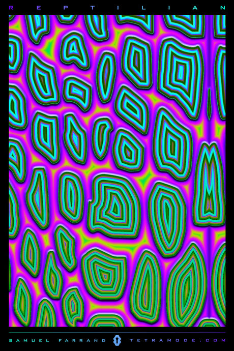 Reptillian psychedelic artwork featuring neon reptile scale patterns in vibrant rainbow colors by Samuel Farrand