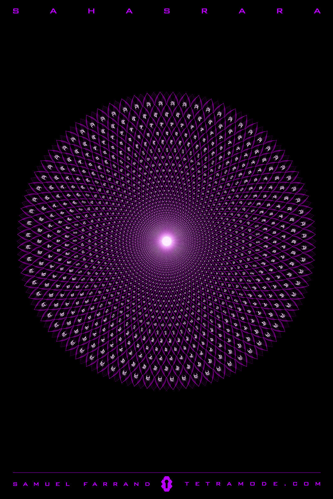 Sahasrara artwork by Samuel Farrand showing a glowing violet thousand-petal lotus with sacred Sanskrit characters in visionary geometric style