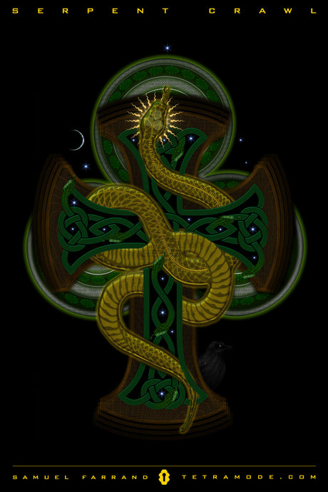 Serpent Crawl artwork by Samuel Farrand featuring a golden serpent coiled around a Celtic cross with green knotwork, set against a black background