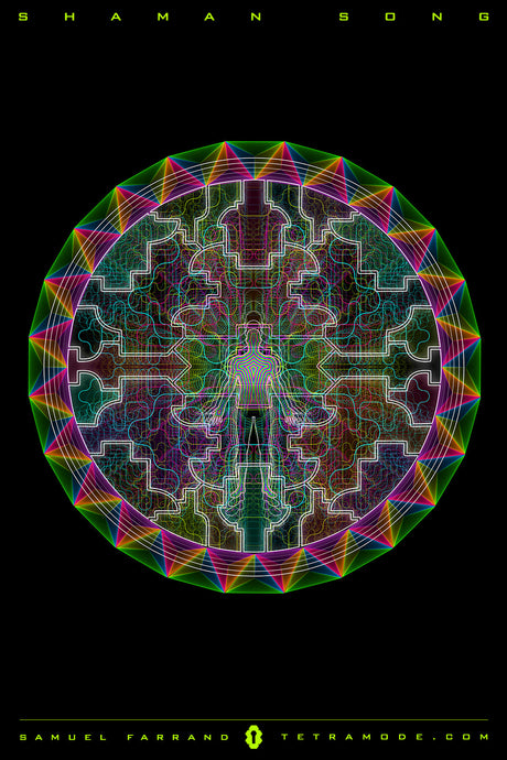 Shaman Song artwork by Samuel Farrand showing geometric mandala with human figure at center, neon energy lines, and symmetrical sacred patterns