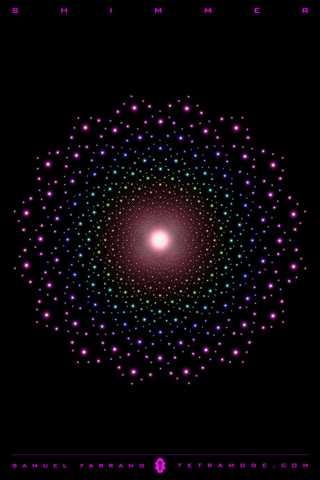 Shimmer artwork by Samuel Farrand showing a radiant central light surrounded by concentric rings of multicolored glowing dots and fine radial lines, forming a hypnotic mandala on black background