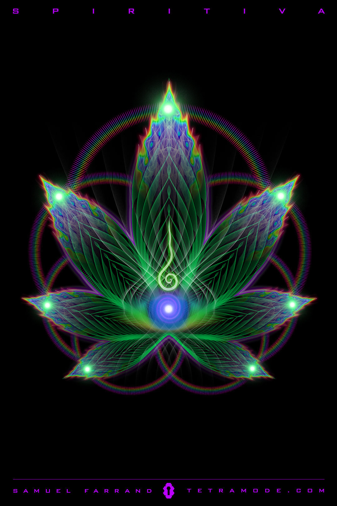 Spiritiva artwork by Samuel Farrand showing luminous cannabis leaf with layered sacred geometry, glowing energy points, and radiant center light