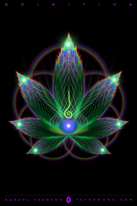 Spiritiva artwork by Samuel Farrand showing luminous cannabis leaf with layered sacred geometry, glowing energy points, and radiant center light
