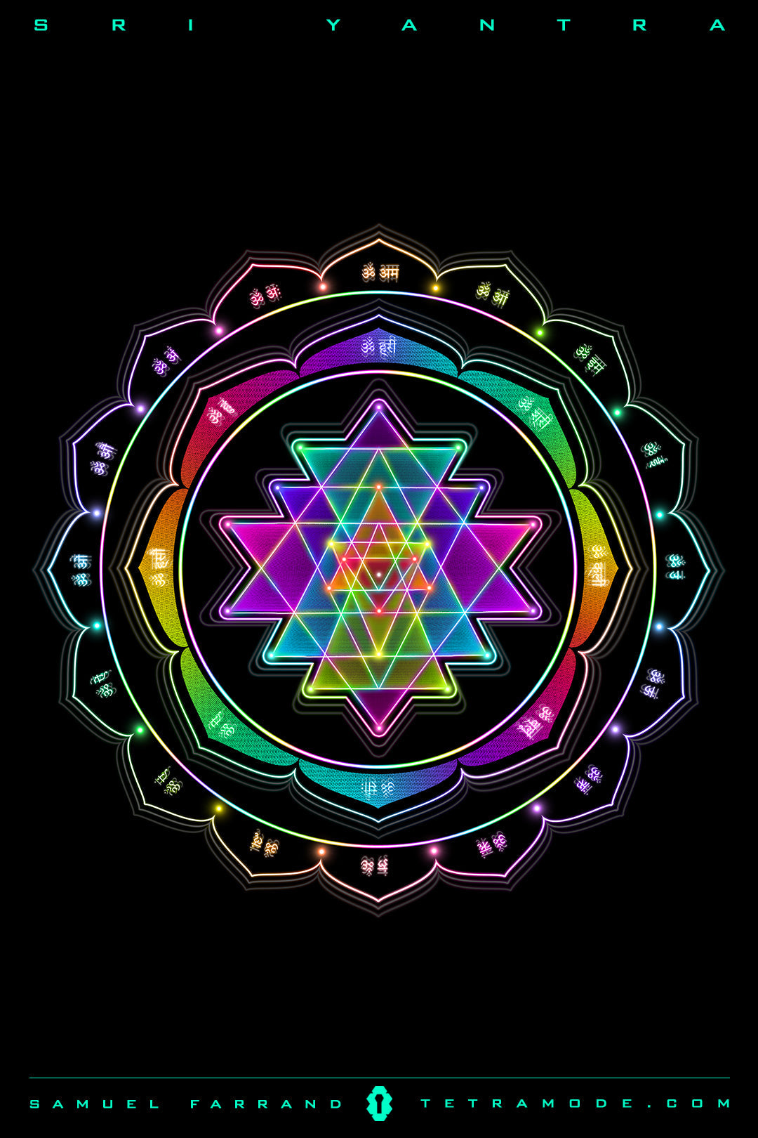 Sri Yantra artwork by Samuel Farrand featuring a radiant geometric mandala with interlocking triangles and glowing colors on a black background