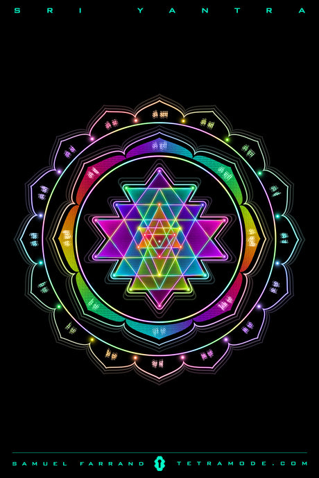 Sri Yantra artwork by Samuel Farrand featuring a radiant geometric mandala with interlocking triangles and glowing colors on a black background