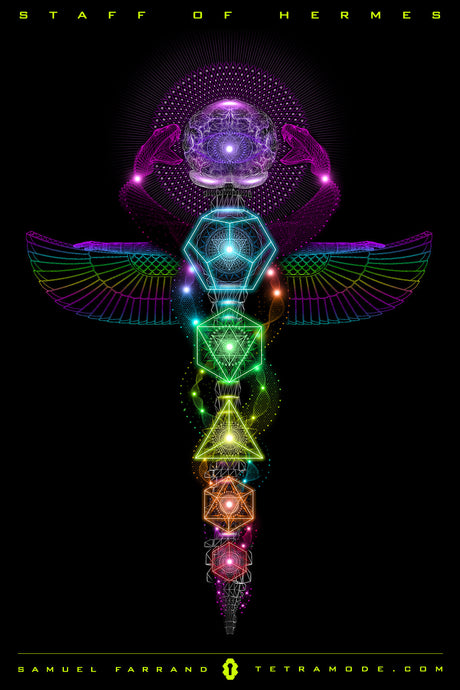 Staff of Hermes artwork by Samuel Farrand featuring a neon caduceus design with wings, geometric shapes, and rainbow light on a black background
