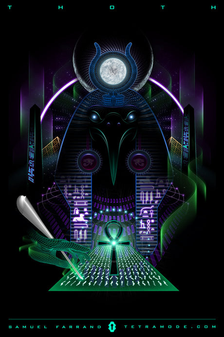 Thoth artwork by Samuel Farrand depicting the Egyptian god with an ibis head, glowing moon crown, and neon hieroglyphs on a black background