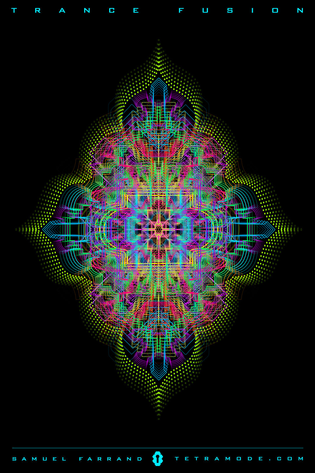 Trance Fusion artwork by Samuel Farrand showing a symmetrical mandala-like pattern of neon lines and dots in pink, green, yellow, and blue on a black background, forming a complex geometric fusion