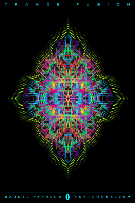 Trance Fusion artwork by Samuel Farrand showing a symmetrical mandala-like pattern of neon lines and dots in pink, green, yellow, and blue on a black background, forming a complex geometric fusion