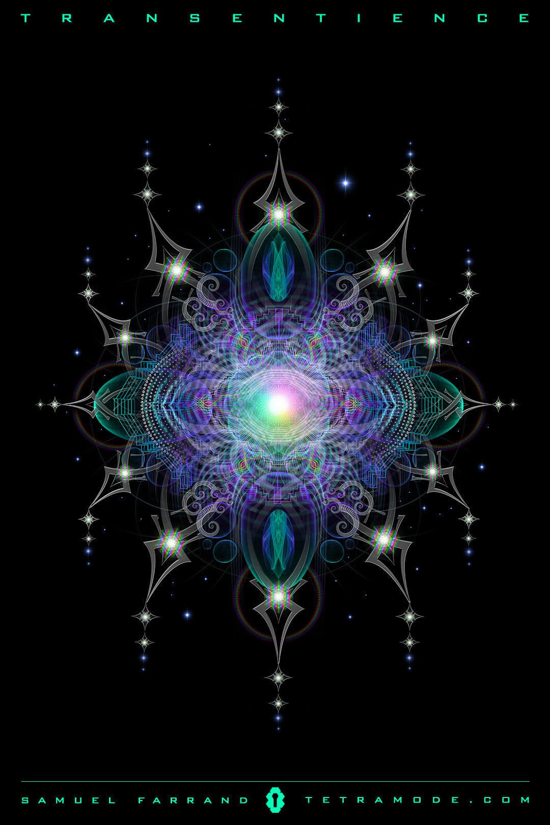 Transentience artwork by Samuel Farrand featuring a glowing, multi-layered mandala of neon fractals and sacred geometry on a black background