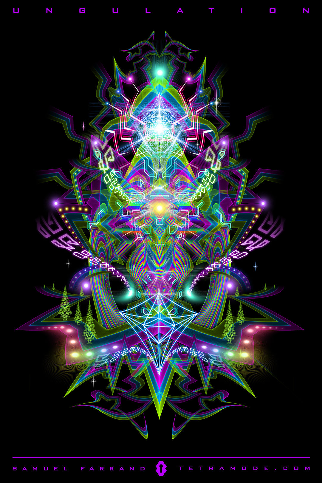 Ungulation artwork by Samuel Farrand showing neon geometric patterns and sacred symmetry with vibrant rainbow light forms in visionary style