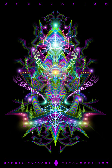 Ungulation artwork by Samuel Farrand showing neon geometric patterns and sacred symmetry with vibrant rainbow light forms in visionary style